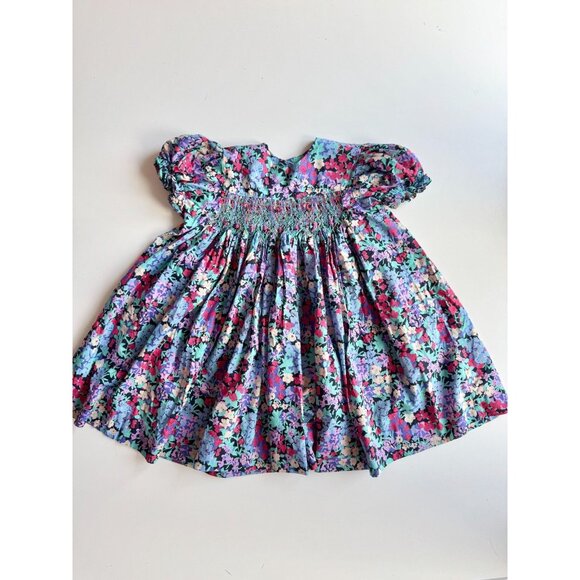 Vintage Girl's Floral Cotton Poplin Smocked Peasant Tent Dress, Size 4-5Y - Picture 1 of 9